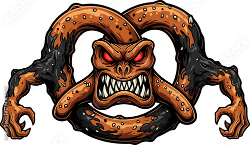 salty snack terror monstrous pretzel awakens with ferocious roar and glowing eyes, isolated on transparent background