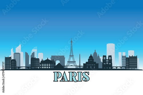 Global city Paris shown in a detailed vector skyline with a bright blue sky
