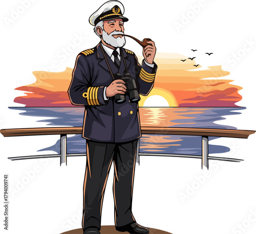 seasoned commanders peaceful watch overseeing the oceans golden hour journey, isolated on transparent background