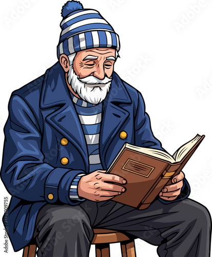 seasoned storyteller finds solace, exploring boundless narratives within a book, isolated on transparent background