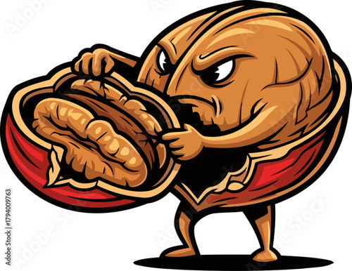 selfcracking walnut mascot triumphs, revealing rich, wholesome goodness inside, isolated on transparent background