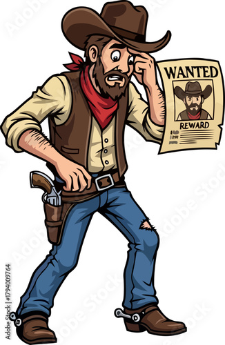 shocked cowboy confronts his own wanted poster, facing unexpected outlaw status, isolated on transparent background
