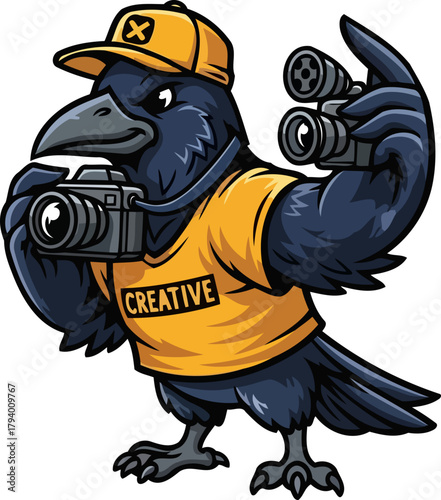 sharpeyed storyteller crow unveiling hidden narratives with cameras and binoculars, isolated on transparent background