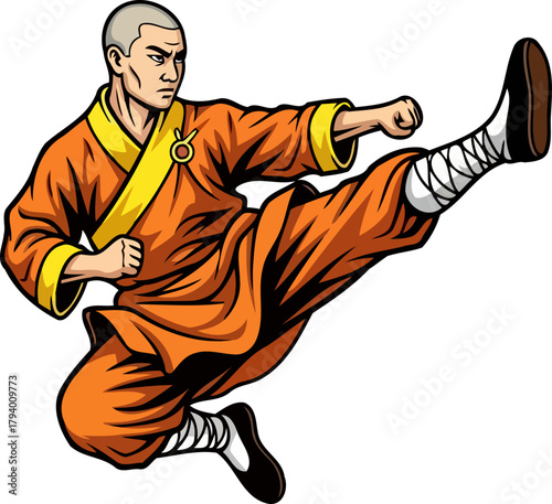 shaolin warrior unleashes mighty flying kick with focused precision and ancient power, isolated on transparent background