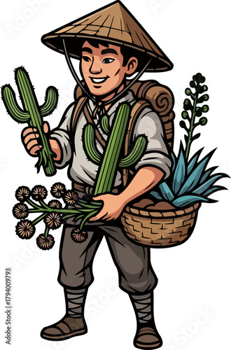 smiling botanical pioneer gathers resilient desert flora, unearthing natures unique beauty, isolated on transparent background