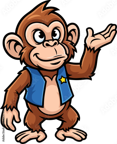 smiling chimp character in vest extends welcoming hand, guiding new adventures, isolated on transparent background