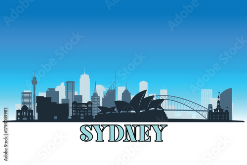 Global city Sydney shown in a detailed vector skyline with a bright blue sky