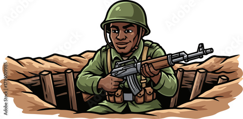 smiling sentinel in fortified trench epitomizes cheerful readiness for military mission, isolated on transparent background
