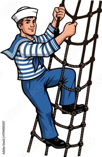spirited young seaman climbing rope ladder with confident smile and nautical flair, isolated on transparent background