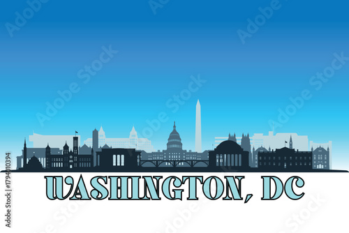 Global city Washinton. D.C. shown in a detailed vector skyline with a bright blue sky