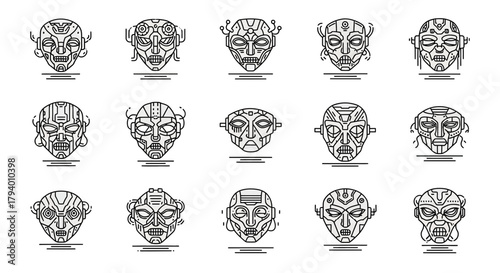 Futuristic robot masks collection, diverse cyborg faces, artificial intelligence concept art, modern science fiction character designs