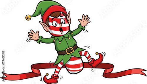 surprised candy cane elf tumbles joyfully on a winding festive ribbon, isolated on transparent background