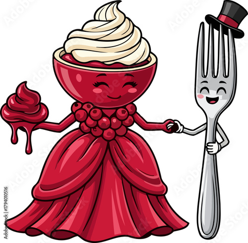 sweet berry pudding queen and her dapper fork gentleman embark on a charming culinary journey, isolated on transparent background