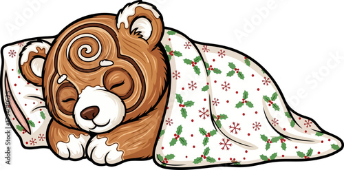sweet gingerbread bear dreams peacefully under holly blanket during winter slumber, isolated on transparent background
