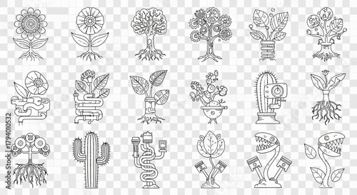 Whimsical collection of stylized plants and trees blending organic and mechanical elements for creative projects