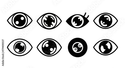 Diverse collection of modern eye icons representing vision, perception, and observation in a clean, graphic style for creative projects.