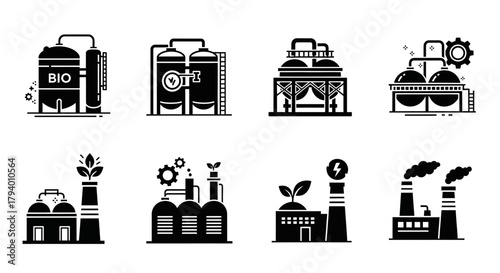 Modern green energy factory icons representing sustainable industrial processes and renewable power generation for eco-friendly production solutions