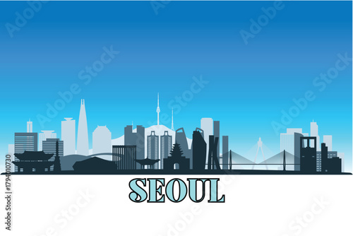 Global city Seoul shown in a detailed vector skyline with a bright blue sky