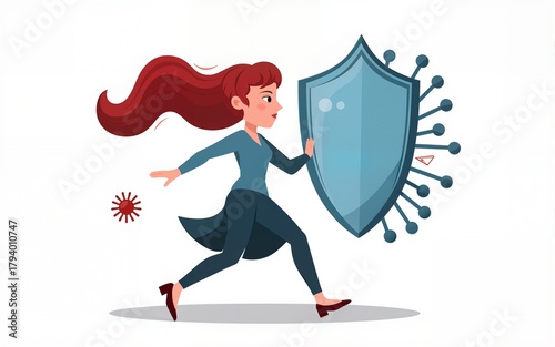 Woman with huge shield reflecting virus attack, cartoon vector illustration isolated on white background. Antiviral defense and prophylactic of epidemic. High quality