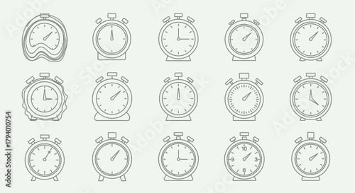 Dynamic collection of modern stopwatch icons representing time management, deadlines, and efficient workflow concepts for business presentations.