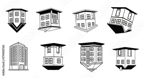 Whimsical architecture collection showcasing inverted buildings and modern structures with bold outlines and clean lines