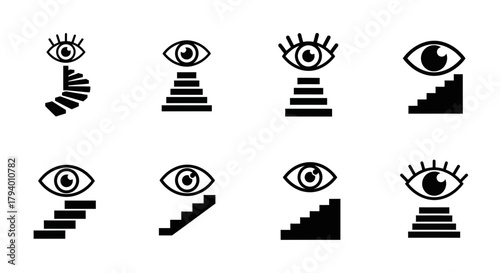 Conceptual icons merge eye symbols with ascending stairs representing progress, vision, and upward movement towards goals