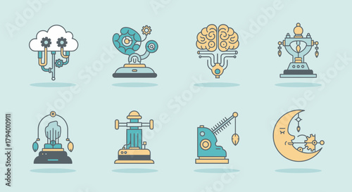 Whimsical steampunk inventions featuring a cloud, brain, gears, and celestial moon for creative projects