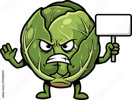 tiny cabbage crusader demands attention, holding blank sign for your urgent message, isolated on transparent background