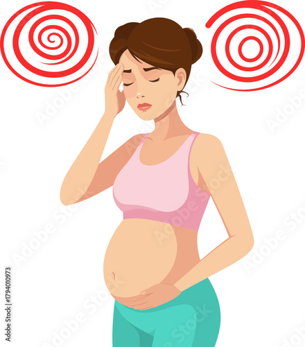 Pregnant Woman Suffering from Headache or Migraine. Prenatal Health Symptom and Discomfort Vector Illustration.