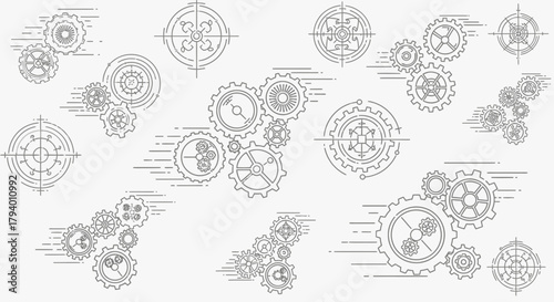 Dynamic interlocking gears and intricate circular mechanisms symbolizing innovation, engineering, and complex systems in a clean, modern design