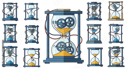 Intricate steampunk hourglass designs showcasing complex clockwork gears and flowing sand, symbolizing time's passage and mechanical precision for creative projects.