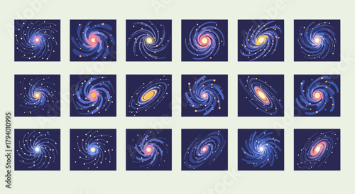 Vibrant spiral galaxy illustrations create a cosmic spectacle perfect for science and exploration projects