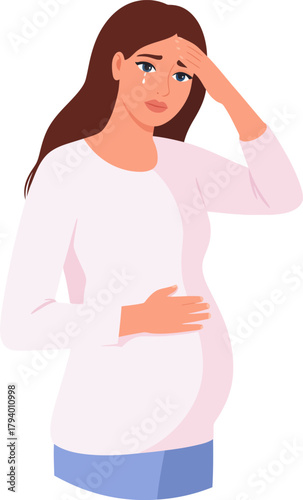 Pregnant Woman Crying and Stressed. Symptoms of Antenatal Depression and Anxiety during Pregnancy.