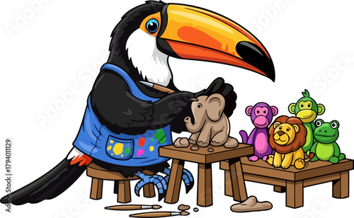 tropical toucan creates a whimsical world of clay animal companions, isolated on transparent background
