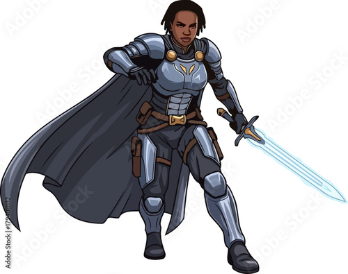 valiant protector in advanced armor stands vigilant, her radiant sword a beacon of hope, isolated on transparent background