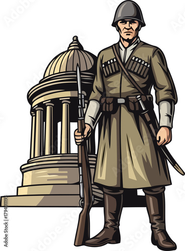 valorous guardian a resolute soldier protecting symbolic national architecture with unwavering commitment, isolated on transparent background