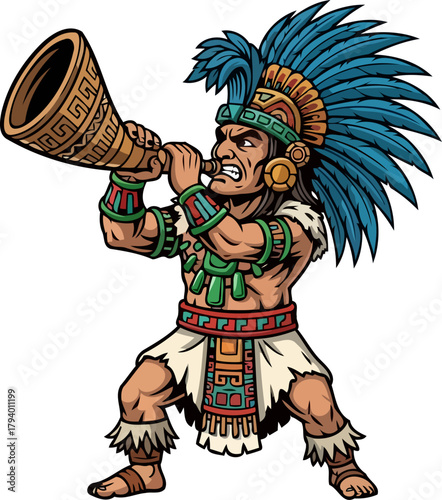 vibrant ancestral cry mayan warrior summons ancient spirit with powerful horn blast, isolated on transparent background