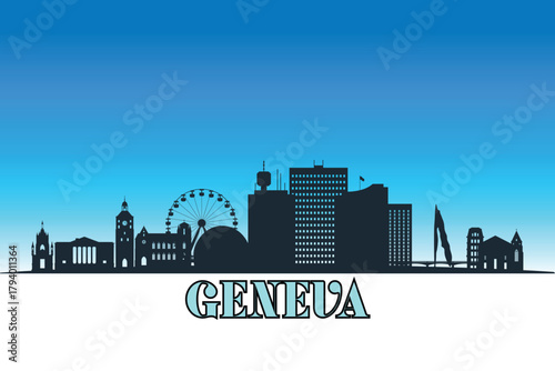 Global city Geneva shown in a detailed vector skyline with a bright blue sky
