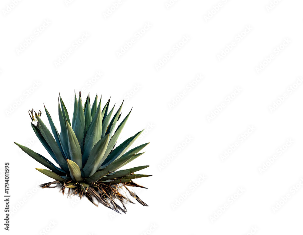 Fototapeta premium A vibrant succulent against a stark, black backdrop. Its sharp, textured leaves reach outwards, roots visible. A contrast of light & shadow