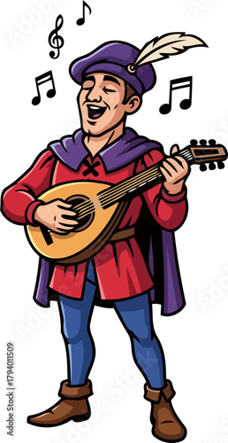 vibrant minstrel serenades with melodic lute, spreading joyful medieval harmonies, isolated on transparent background