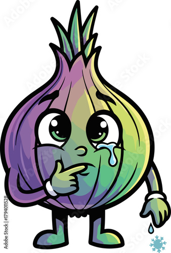 vibrant onion character sheds frozen tears, reflecting winters melancholic arrival, isolated on transparent background