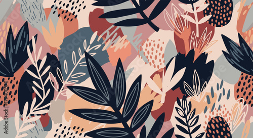 Abstract seamless pattern with stylized leaves, botanical elements, and organic shapes, featuring a modern, earthy color palette and artistic textures.