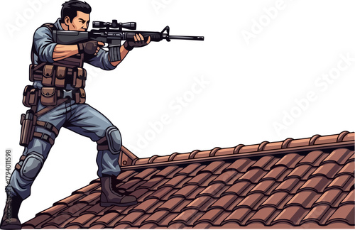 vigilant agent secures a strategic rooftop position, ready for precise tactical engagement, isolated on transparent background