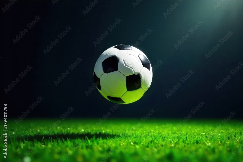 Fototapeta premium Soccer ball in motion on a grass field, illustrating the dynamic energy of the game without any players. A dynamic, high speed shot of a soccer ball mid air over a lush green, freshly cut grass soccer