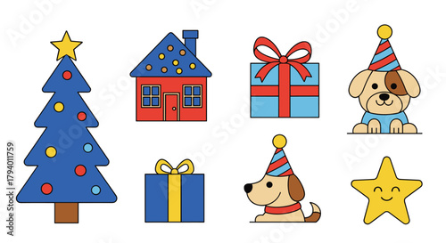 Colorful cartoon holiday and celebration icons featuring a Christmas tree, house, gift boxes, cute dogs in party hats, and a star.