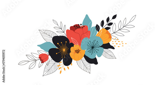 A vibrant, modern vector illustration of an artistic floral arrangement with colorful stylized flowers and leaves, perfect for decorative use.