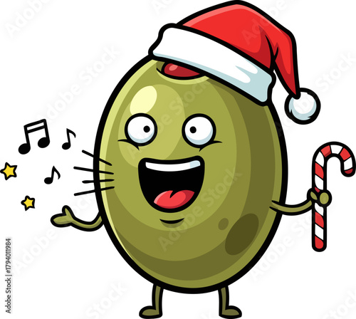 whimsical christmas olive sings joyful holiday carols with candy cane spirit, isolated on transparent background