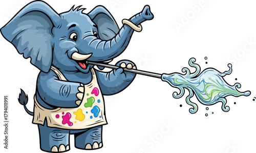 whimsical elephant artist blows enchanting swirling masterpiece, adorned in creative apron, isolated on transparent background