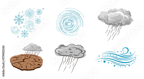A collection of weather and climate-related icons including snow, rain, wind, and drought conditions.