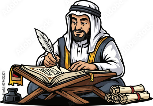 wise ancient scholar captures timeless narratives, penning legacy with reflective grace, isolated on transparent background